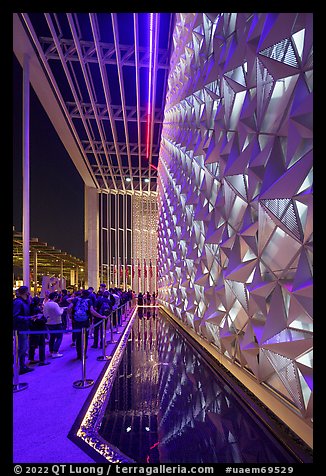 Walls of stars and reflecting pool at night, USA Pavilion. Expo 2020, Dubai, United Arab Emirates (color)