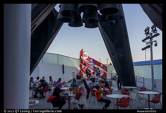 Rocket Garden with conversation on rocket stage, USA Pavilion. Expo 2020, Dubai, United Arab Emirates (color)
