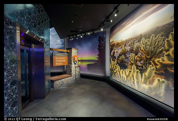 National Park Service sign and photos of national parks, USA Pavilion. Expo 2020, Dubai, United Arab Emirates (color)