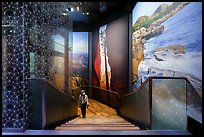 Visitor walking up stairs looking at mural prints, USA Pavilion. Expo 2020, Dubai, United Arab Emirates ( color)