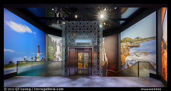 Upper floor of Exhibit 5 with elevator in middle, USA Pavilion. Expo 2020, Dubai, United Arab Emirates (color)