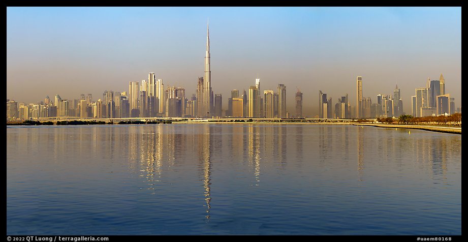 Downtown Dubai skyline with reflections in Dubai Creek. United Arab Emirates (color)