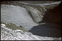 Forbes bands on Mer de Glace. Their shape indicate the differential in flow speed; the Requin hut gives the scale. Alps, France