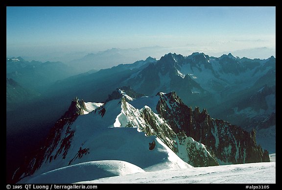 Mount Maudit, Mont-Blanc du Tacul and Aiguille du Midi seen from summit of Mont-Blanc, France.  (color)