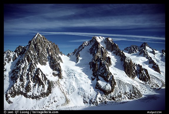 South Side of the Argentiere basin with Chardonet Pass between  Aiguille d'Argentiere and the Chardonet. Alps, France