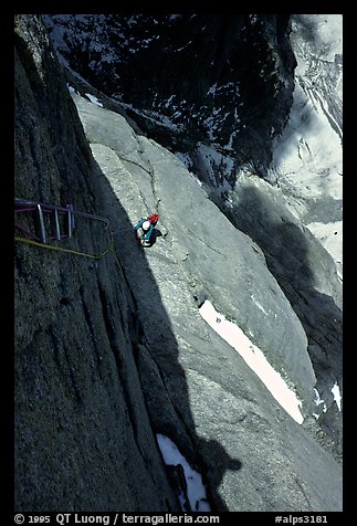 Aid climbing on Bonatti Pilar on Le Dru, Mont-Blanc Range, Alps, France.