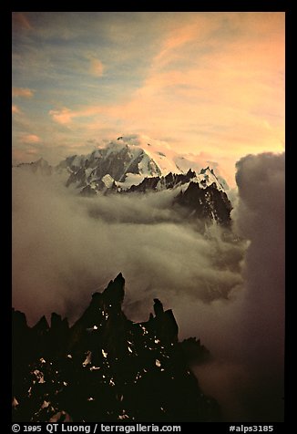 Mont Blanc and approaching storm clouds seen from Les Drus. Alps, France (color)