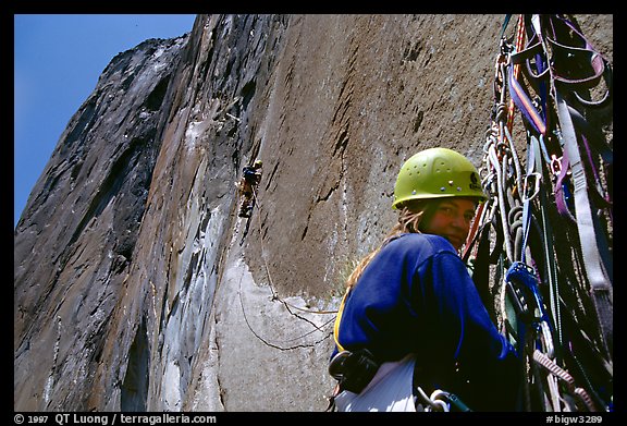 The belayer can relax once the rivet ladder is reached. El Capitan, Yosemite, California