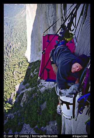 Looking for breakfast on the portaledge. El Capitan, Yosemite, California (color)