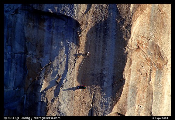 Tuan and Yves on  the Triple Cracks, the crux of the route. El Capitan, Yosemite, California (color)
