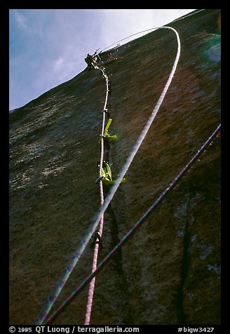 Leading the next pitch, a thin crack in the middle of nowhere. El Capitan, Yosemite, California