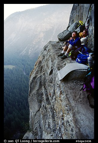 Relaxing the next morning at Awanhnee ledge. Leaning Tower, Yosemite, California (color)