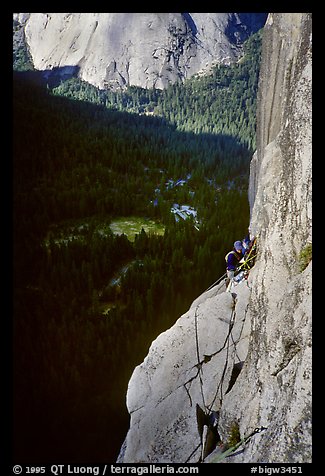 Above Tapir ledge, the route is no longer steep. Washington Column, Yosemite, California (color)