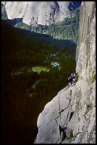 Above Tapir ledge, the route is no longer steep. Washington Column, Yosemite, California (color)