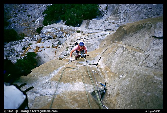 Climbing to Anchorage ledge. Washington Column, Yosemite, California (color)