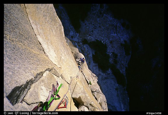 Belaying from Anchorage ledge. Washington Column, Yosemite, California