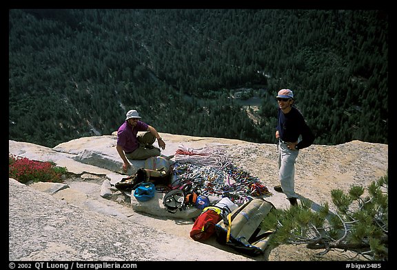 Sorting the gear at the top of the wall. El Capitan, Yosemite, California