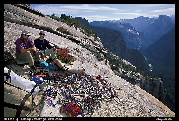 Valerio Folco and Tom McMillan with gear at the top of the wall. El Capitan, Yosemite, California