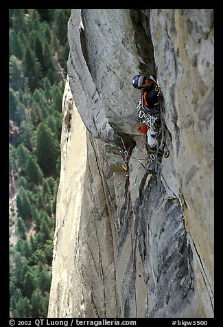 Valerio Folco leads the long and complex crux pitch, taking more than half a day. El Capitan, Yosemite, California (color)