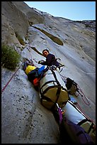 Valerio Folco belaying Tom McMillan. El Capitan, Yosemite, California (color)