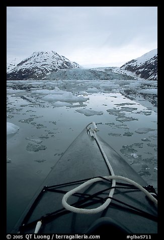 Kayaks prow, floating icebergs, and glacier. Glacier Bay National Park, Alaska