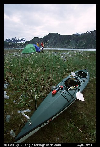 Camp on the flats near McBride Glacier with kayak parked nearby. Glacier Bay National Park, Alaska