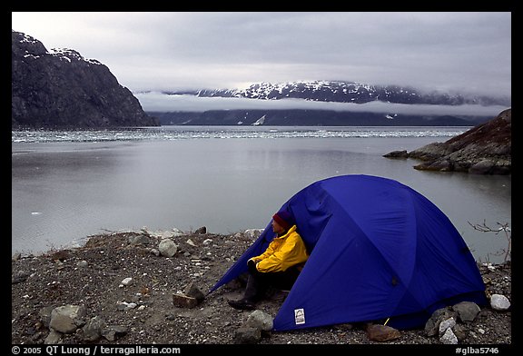 Camp on an outcrop overlooking the East Arm. Glacier Bay National Park, Alaska (color)