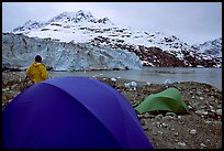 Park visitor looking, camp in front of Lamplugh Glacier. Glacier Bay National Park, Alaska ( color)