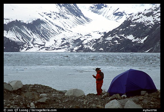 Camper, tent, and East Arm. Glacier Bay National Park, Alaska