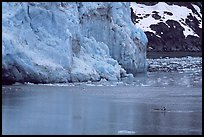 Kayaker dwarfed by the front of Lamplugh Glacier. Glacier Bay National Park, Alaska (color)