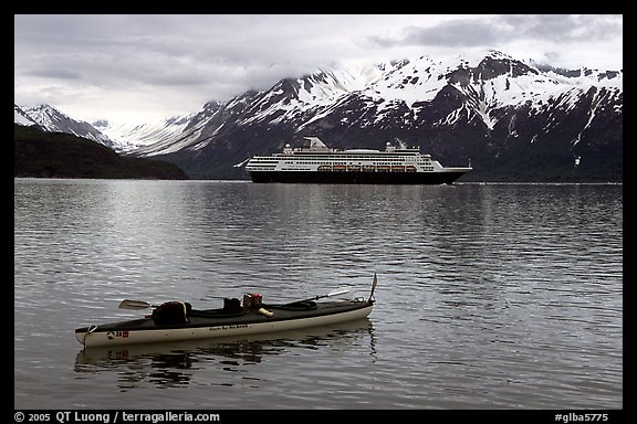 Kayak and cruise ship, East arm. Glacier Bay National Park, Alaska (color)