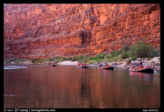 Rafts in tranquil waters below redwall, Marble Canyon. Grand Canyon National Park, Arizona (color)