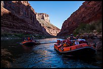 Rafts and reflections on river, Marble Canyon. Grand Canyon National Park, Arizona