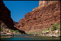 Rafts on Colorado River below towering cliffs. Grand Canyon National Park, Arizona ( color)