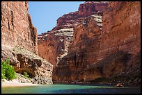 Raft dwarfed by huge Redwall limestone canyon walls. Grand Canyon National Park, Arizona ( color)