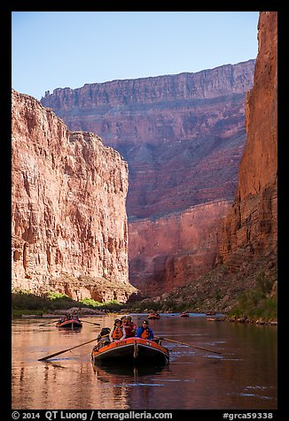 Rafts and towering steep cliffs in  Marble Canyon, early morning. Grand Canyon National Park, Arizona (color)
