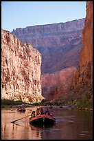Rafts and towering steep cliffs in  Marble Canyon, early morning. Grand Canyon National Park, Arizona ( color)