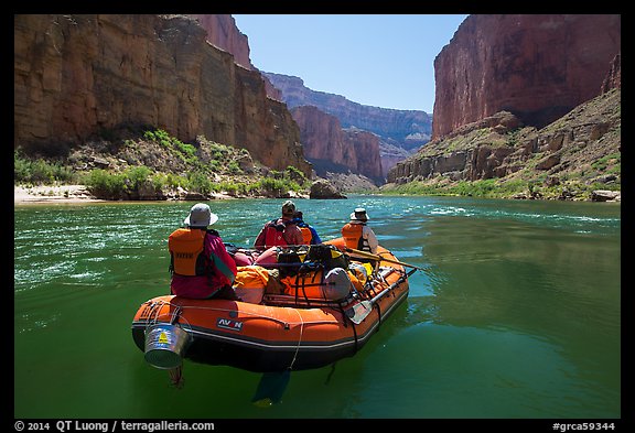 Close view of raft on calm Colorado River. Grand Canyon National Park, Arizona (color)