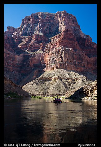 Raft below towering butte. Grand Canyon National Park, Arizona (color)
