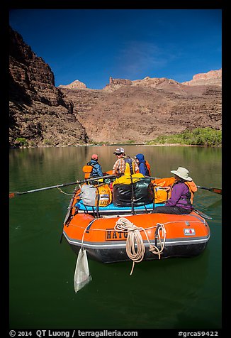 Oar-powered raft on calm stretch of the Colorado River. Grand Canyon National Park, Arizona