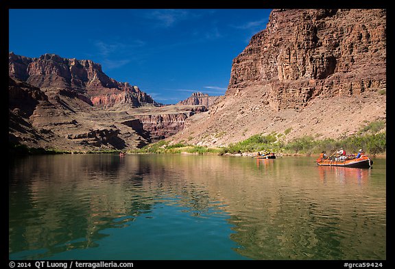 Oar-powered rafts and cliff reflections. Grand Canyon National Park, Arizona