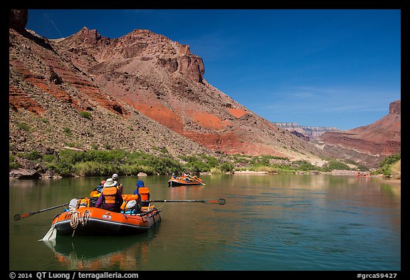 Rafts in colorful section of Grand Canyon. Grand Canyon National Park, Arizona