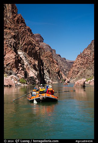 Oar-powered rafts in calm section of Granite Gorge. Grand Canyon National Park, Arizona (color)