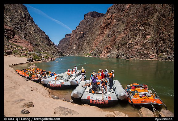 Oar-powered and motor-powered rafts at beach. Grand Canyon National Park, Arizona