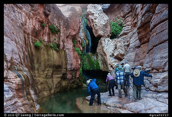 Group of photographers with tripods capturing waterfalls and red rock formations in Elves Chasm. Grand Canyon National Park, Arizona (color)
