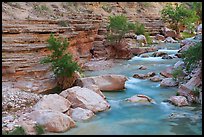 Turquoise waters of Havasu Creek stream with red rock walls and waterfalls. Grand Canyon National Park, Arizona ( color)
