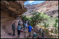 Group of rafters during a meal on a sandy ledge beside the Colorado River, shaded by rock overhangs. Grand Canyon National Park, Arizona ( color)