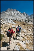 Hikers on trail, Dusy Basin. Kings Canyon National Park, California