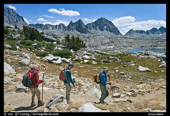 Hiking on trail, Dusy Basin. Kings Canyon National Park, California (color)