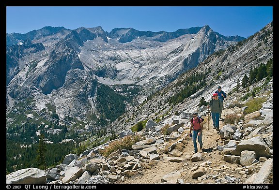 Hikers on trail above Le Conte Canyon. Kings Canyon National Park, California